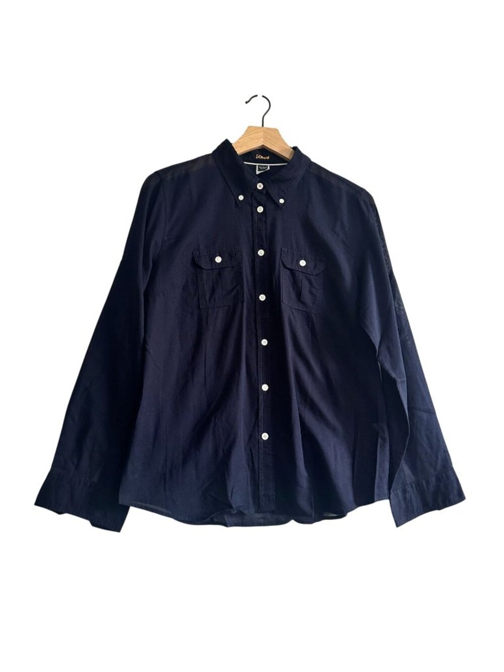 J.Crew Vintage Navy Cotton Utility Shirt Roll Tab Sleeves Petite Large